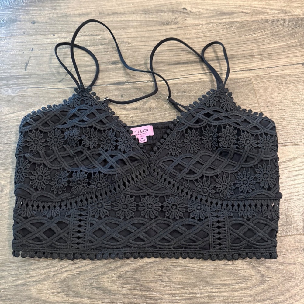 Mi Ami Francesca's Black Crochet Lace Crop Top Smocked Cami IIBY45UKWD Mens M